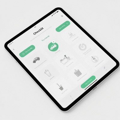 Digital checklist on a tablet for eco-friendly car maintenance