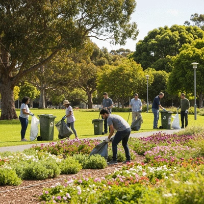 Diverse group of people participating in a community clean-up event in a park, with visible focus on recycling and green initiatives