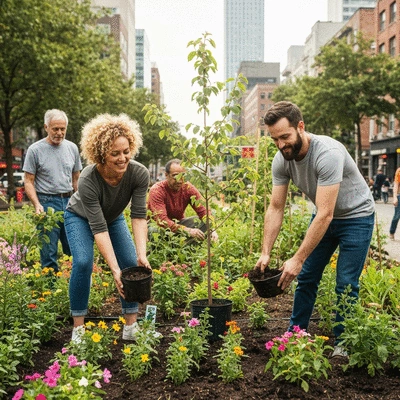 People planting trees and tending to a community garden in an urban setting, symbolizing environmental preservation