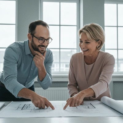 Architect reviewing sustainable building blueprints with a client