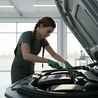 Eco-friendly mechanic inspecting a car's engine with green tools
