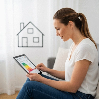Person analyzing home energy report on a tablet, with a house schematic in the background