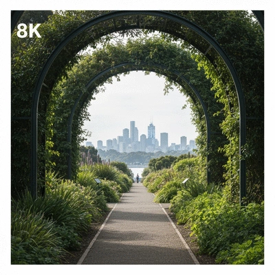 Serene pathway in Royal Botanic Gardens Melbourne, lush greenery and distant city skyline