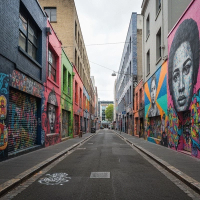 Detailed photo of vibrant street art in a Melbourne laneway, showcasing diverse artistic styles