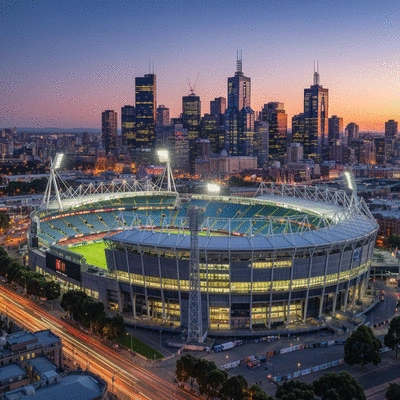 Melbourne city skyline at dusk with iconic landmarks and a rugby stadium in the foreground, vibrant and active atmosphere, no text, no words, no typography, 8K