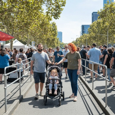 Family with a child in a stroller at an accessible event venue in Melbourne