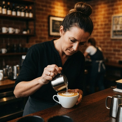 Close-up of a barista expertly preparing a flat white coffee with latte art in a bustling Melbourne cafe, no text, no words, no typography, 8K