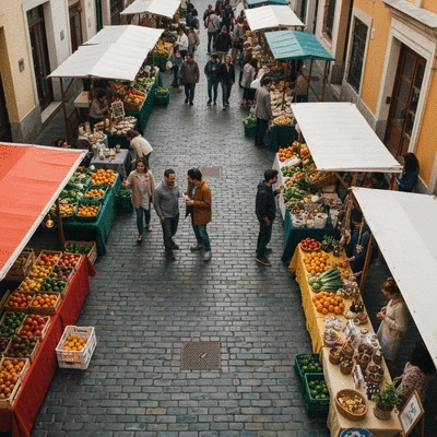 Overhead view of a vibrant, eco-friendly street market with fresh produce and local artisans, promoting sustainable living