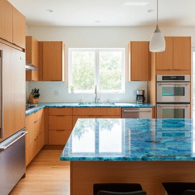 Modern kitchen with sustainable wood cabinets and recycled glass countertops