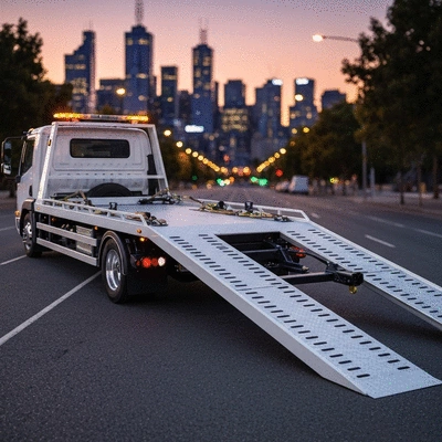 Professional flatbed motorcycle towing service in a city environment