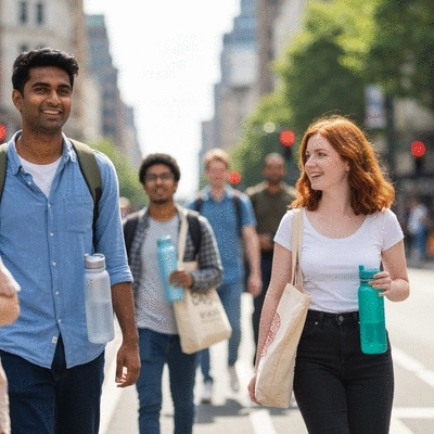 Travelers using public transport, carrying reusable water bottles and bags, with a city skyline in the background
