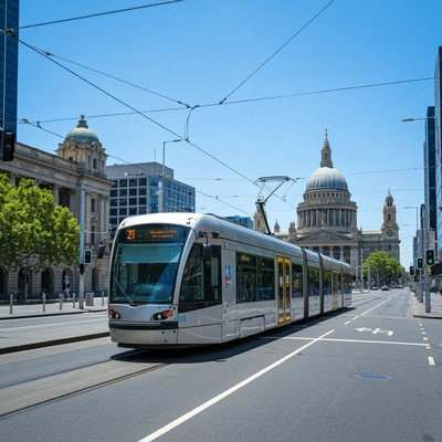 Melbourne tram in front of iconic city buildings