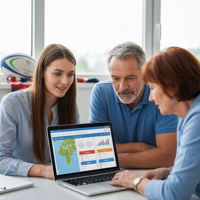 People planning a trip, looking at maps and booking online on a laptop, with rugby memorabilia subtly in the background, no text, no words, no typography, 8K