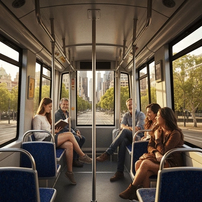 Modern Melbourne tram traveling through the city with people visible inside, clean image, no text, no words, no typography, 8K