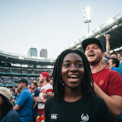 People holding Rugby World Cup 2025 tickets, showing excitement