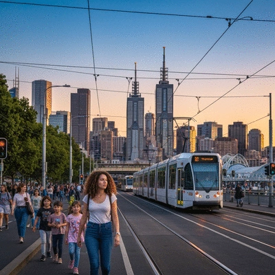 Melbourne city skyline with trams and people, representing effective transport planning