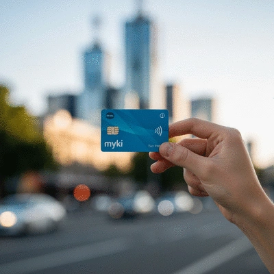 Hand holding a Myki public transport card against a blurred Melbourne city background, clean image, no text, no words, no typography, 8K