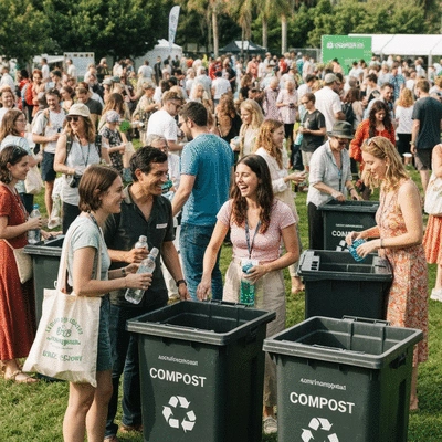 Attendees at a large event sorting waste into recycling and compost bins, with a focus on reusable items