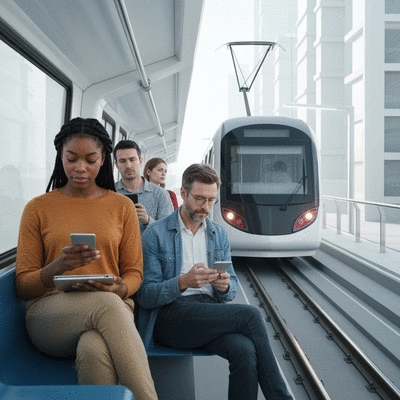 Diverse group of people using public transportation in a clean, modern city, illustrating sustainable travel