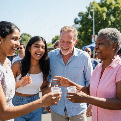 Diverse group of people engaging in a community event in Melbourne, smiling and interacting, outdoors, sunny day, no text, no words, no typography, 8K