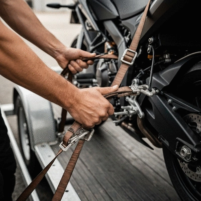 Modern motorcycle being secured on a tow truck with soft-tie straps