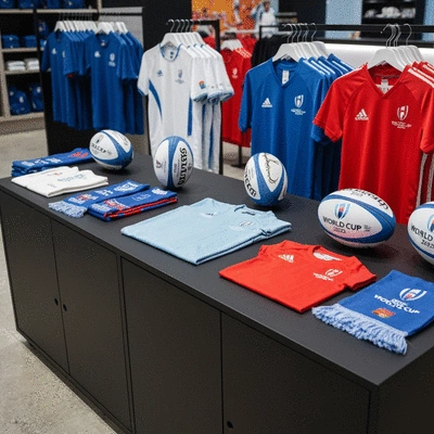 Official Rugby World Cup 2025 merchandise displayed in a store